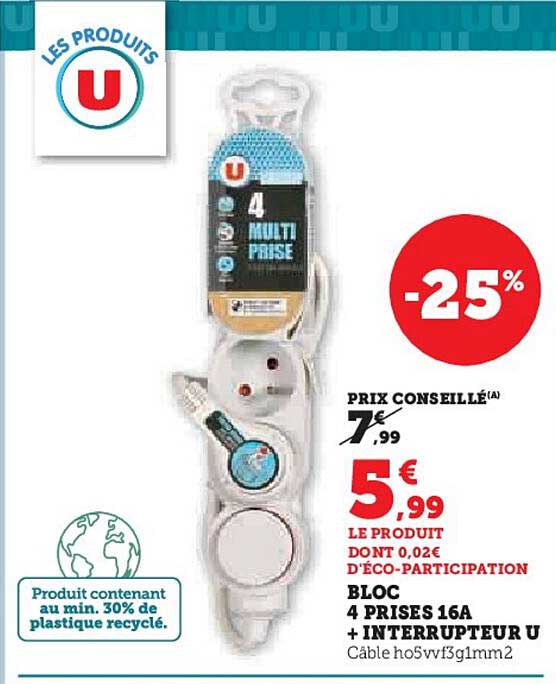 bloc 4 prises 16a + interrupteur u