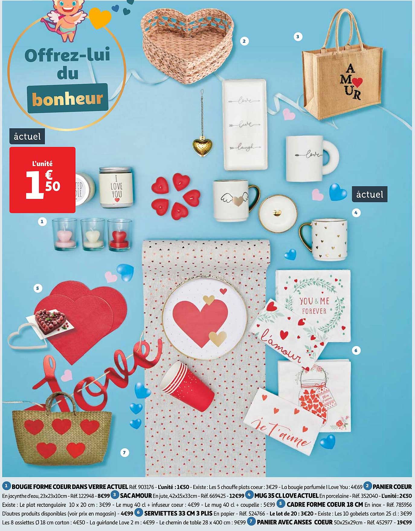 bougie forme dans verre actuel, panier cœur, sac amour, mug 35 cm love actuel, cadre forme cœur 18 cm, serviettes 33 cm 3 plis, panier avec anse cœur