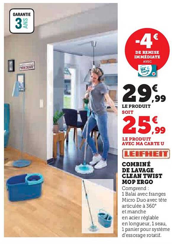 combiné de lavage clean twist mop ergo leifheit