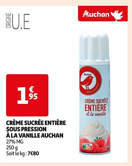 crème sucrée entière sous pression à la vanille auchan