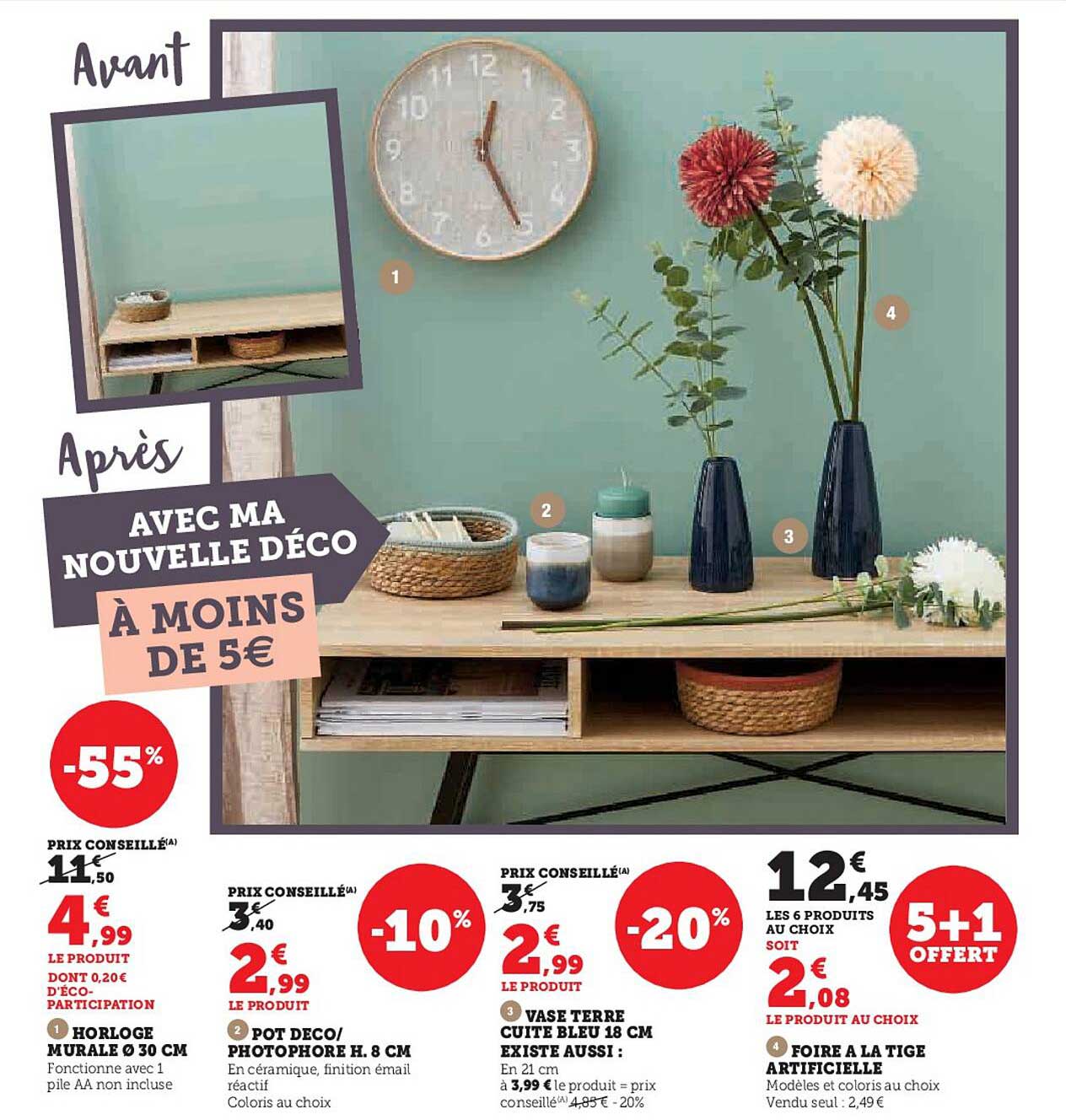 horloge murale ø 30 cm, pot déco/photophore h. 8 cm, vase terre cuite bleu 18 cm , poire à la tige artificielle