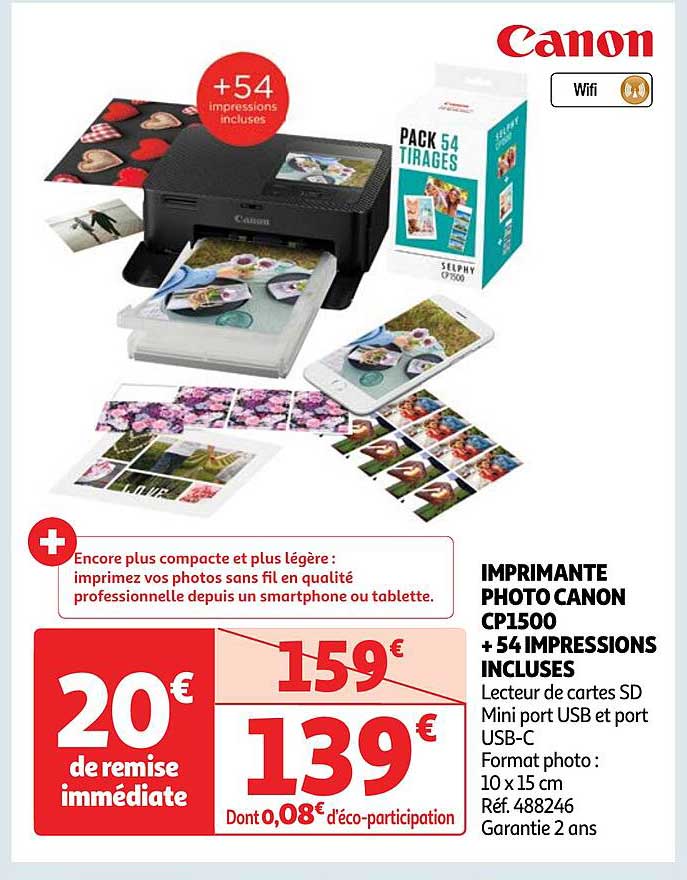 Imprimante Photo Canon Cp1500 + 54 Impressions Incluses