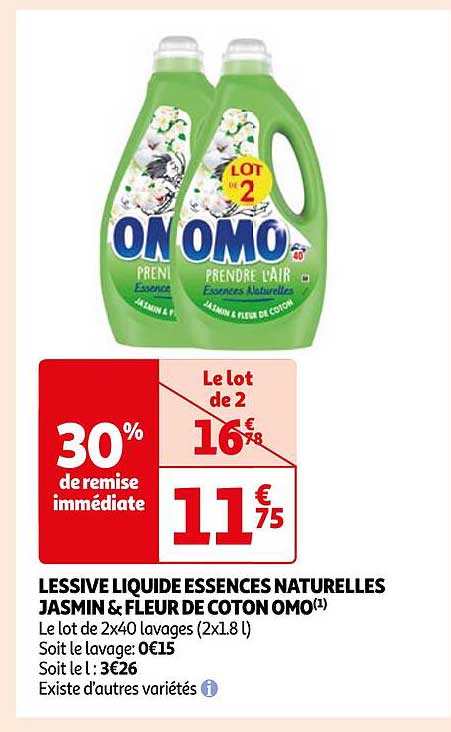 lessive liquide essences naturelles jasmin & fleur de coton omo
