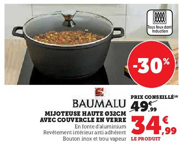 mijoteuse haute ø 32 cm avec couvercle en verre baumalu