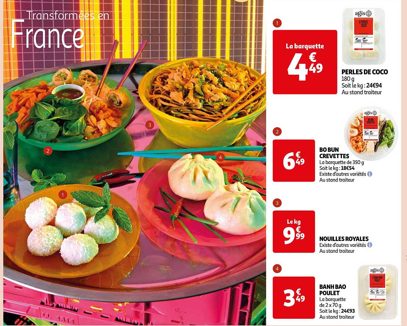 perles de coco , 80 bun crevettes, nouilles royales, banh bao poulet