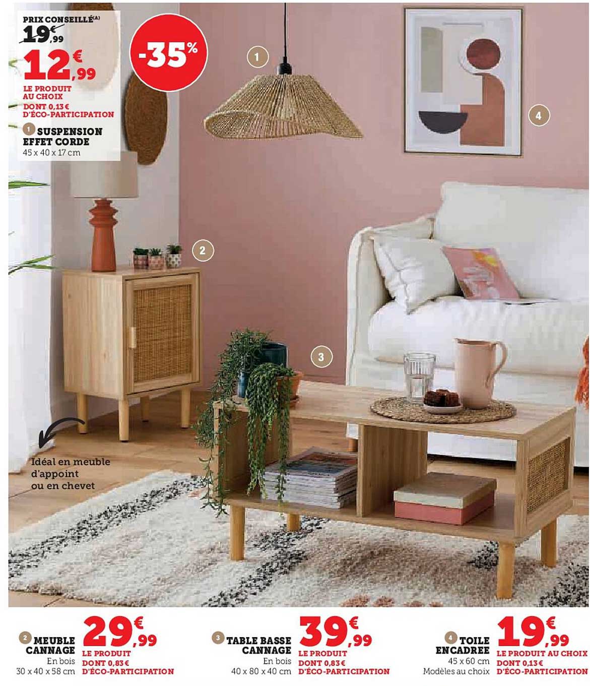 suspension effet corde, meuble cannage, table basse cannage, toile encadrée