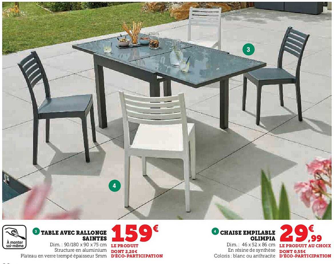 table avec rallonge saintes, chaise empilable olimpia