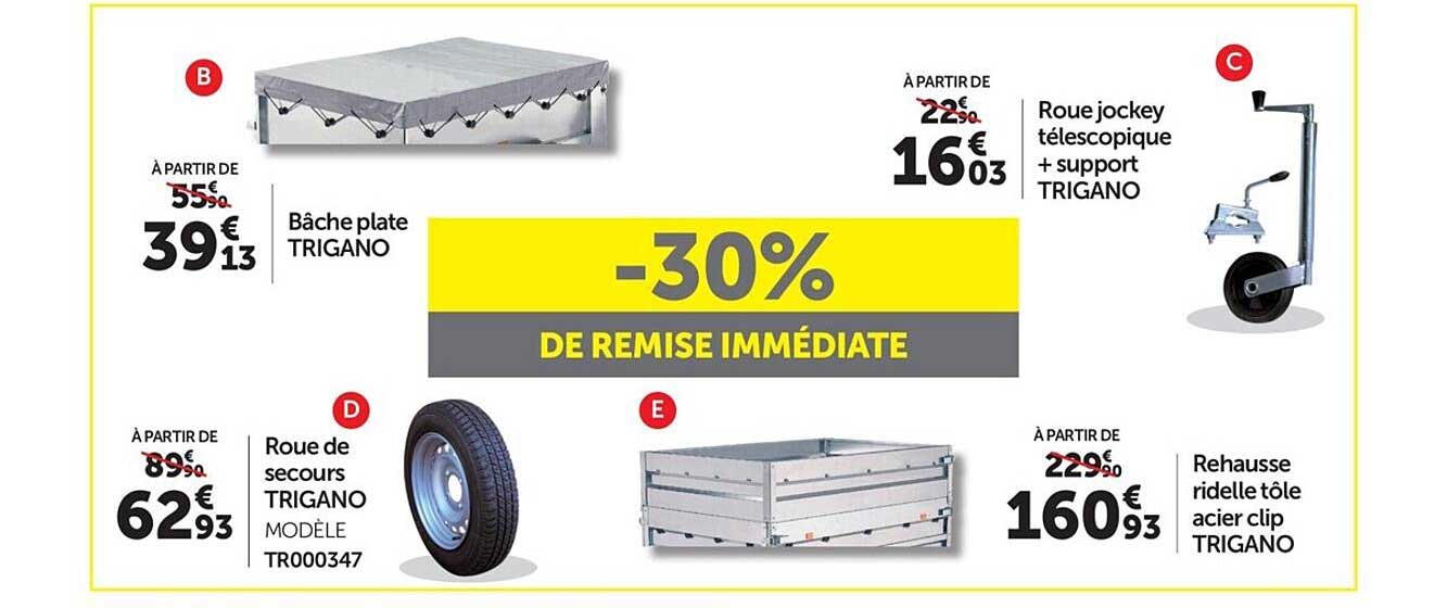 bâche plate trigano, roue de secours trigano, roue jockey télescopique + support trigano, rehausse ridelle tôle acier clip trigano