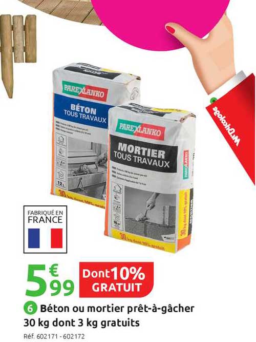 béton ou mortier prêt-à-gâcher 30 kg dont 3 kg gratuits