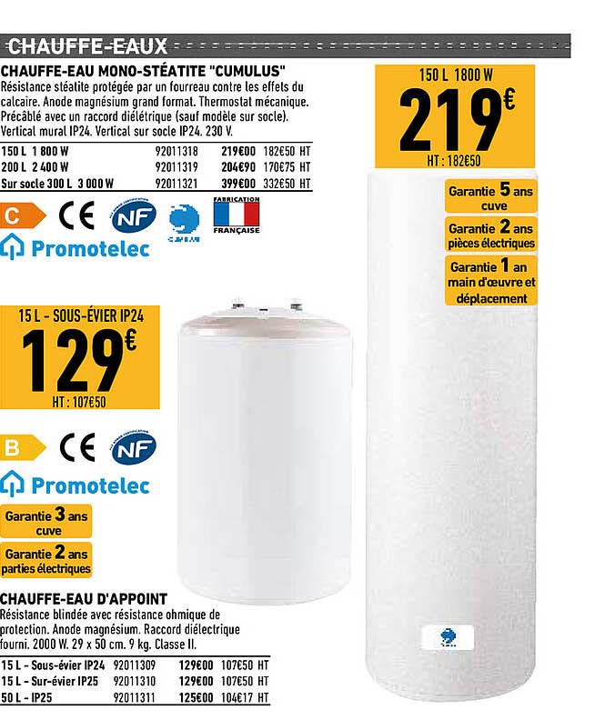 chauffe-eaux mono-stéatite "cumulus", chauffe-eau d'appoint promotelec