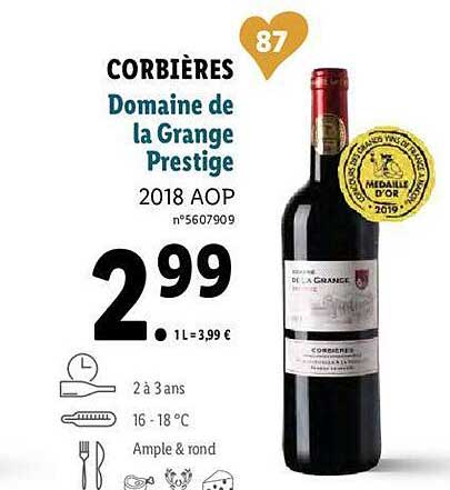corbières domaine de la grange prestige 2018 aop