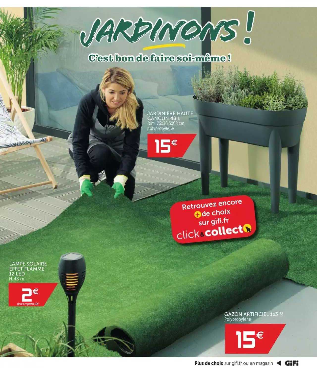 jardinière haute cancun 48 l, lampe solaire effet flamme 12 led, gazon artificiel