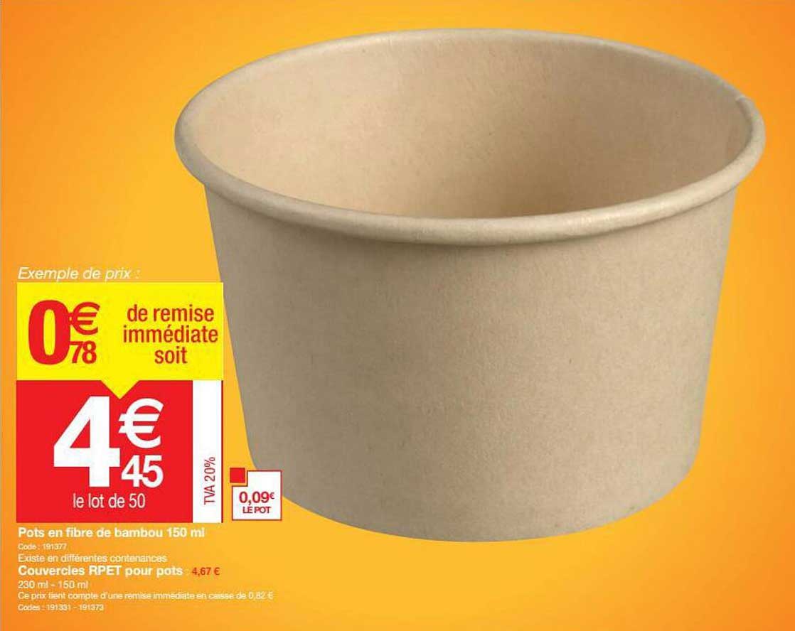 pots en fibre de bambou 150 ml, couvercles rpet pour pots