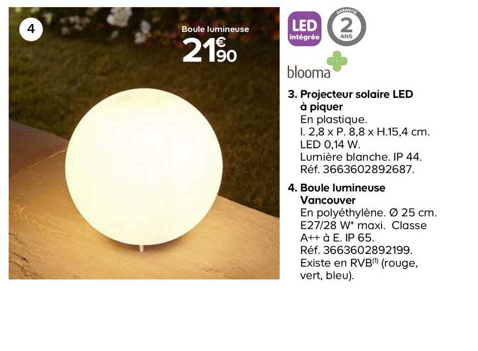 projecteur solaire led à piquer, boule lumineuse vancouver blooma