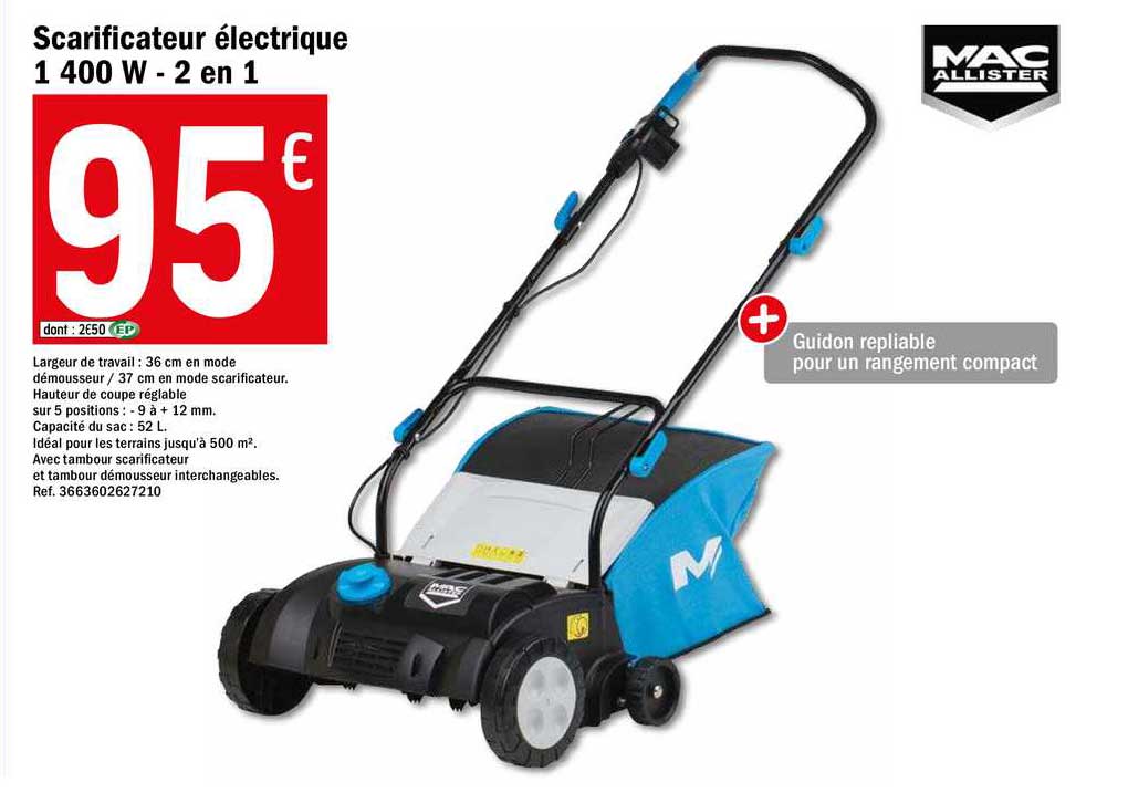 scarificateur électrique 1400 w - 2 en 1 mac allister