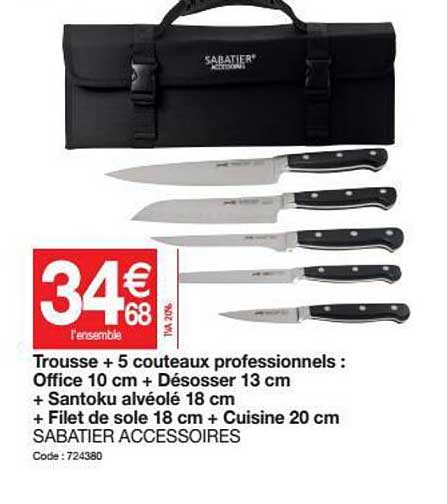 trousse + 5 couteaux professionnels : office 10 cm + désosser 13 cm + santoku alvéolé 18 cm + filet de sole 18 cm + cuisine 20 cm sabatier accessoires