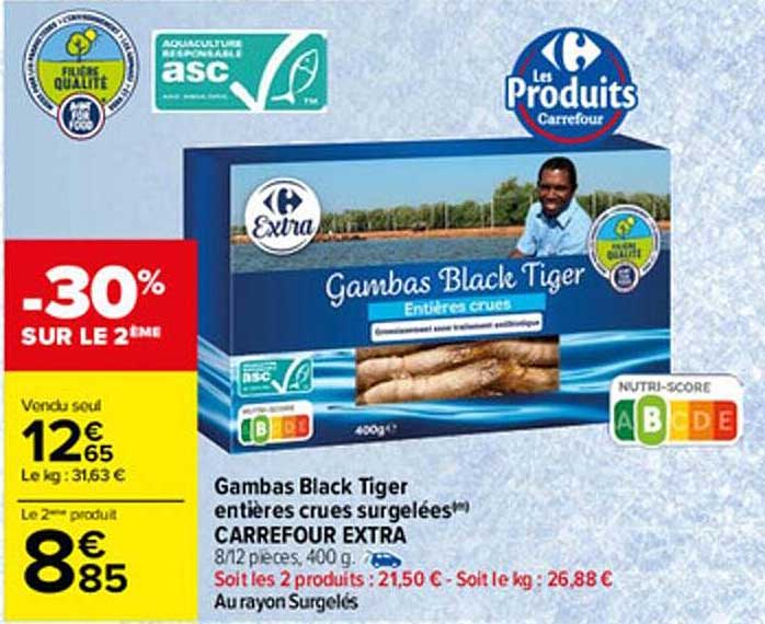 gambas black tiger entières crues surgelées carrefour extra