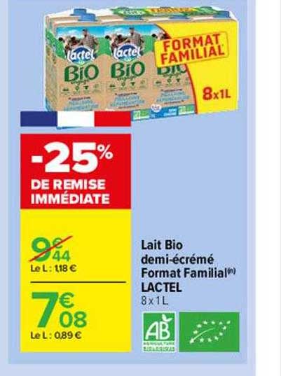 lait bio demi-écrémé format familial lactel