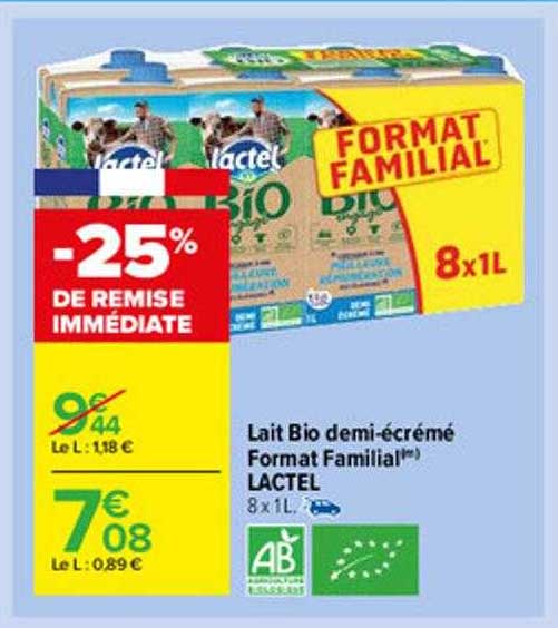 lait bio demi-écrémé format familial lactel