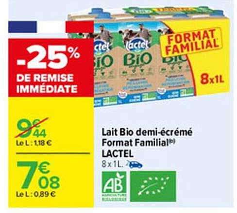 lait bio demi-écrémé format familial lactel