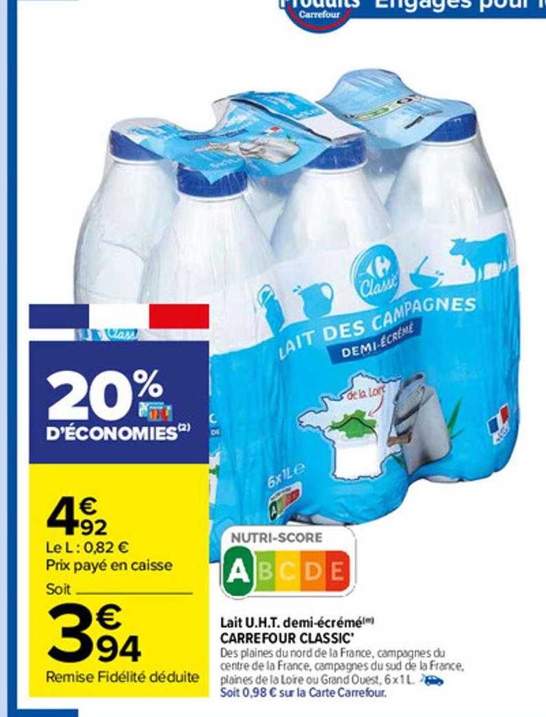 lait u.h.t. demi-écrémé carrefour classic'