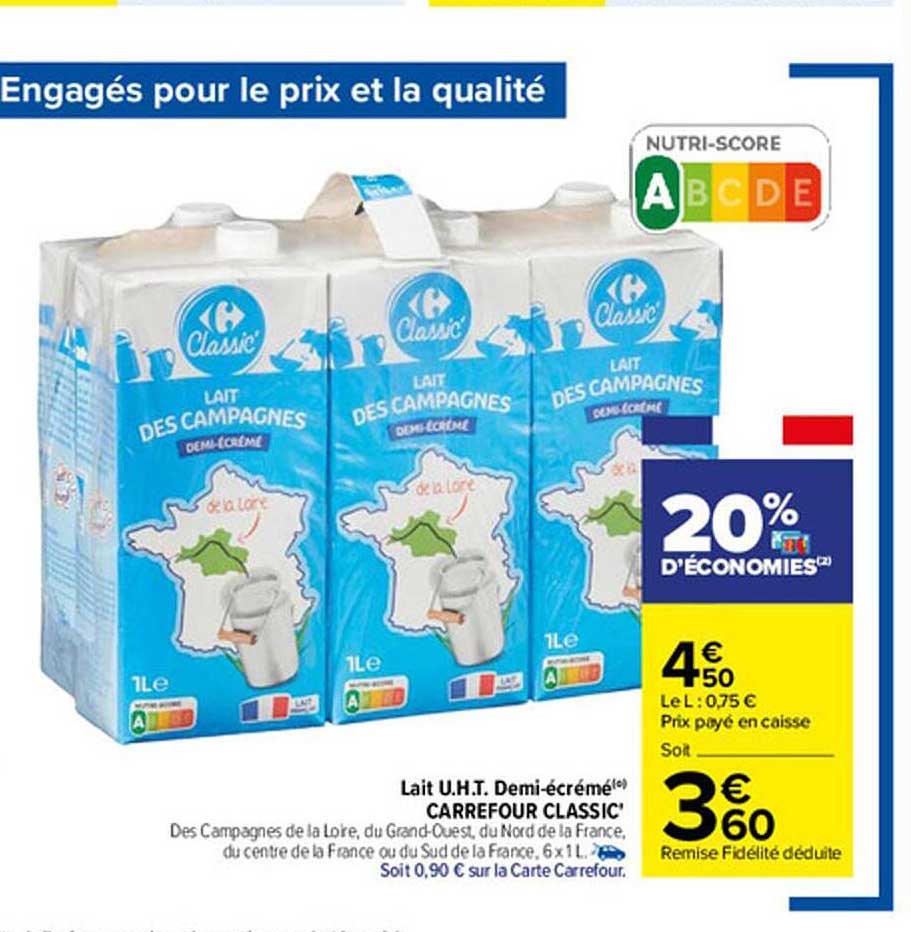 lait u.h.t. demi-écrémé carrefour classic'