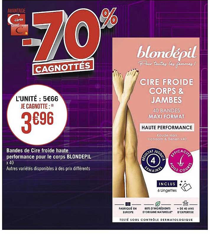 bandes de cire froide haute performance pou le corps blondépil