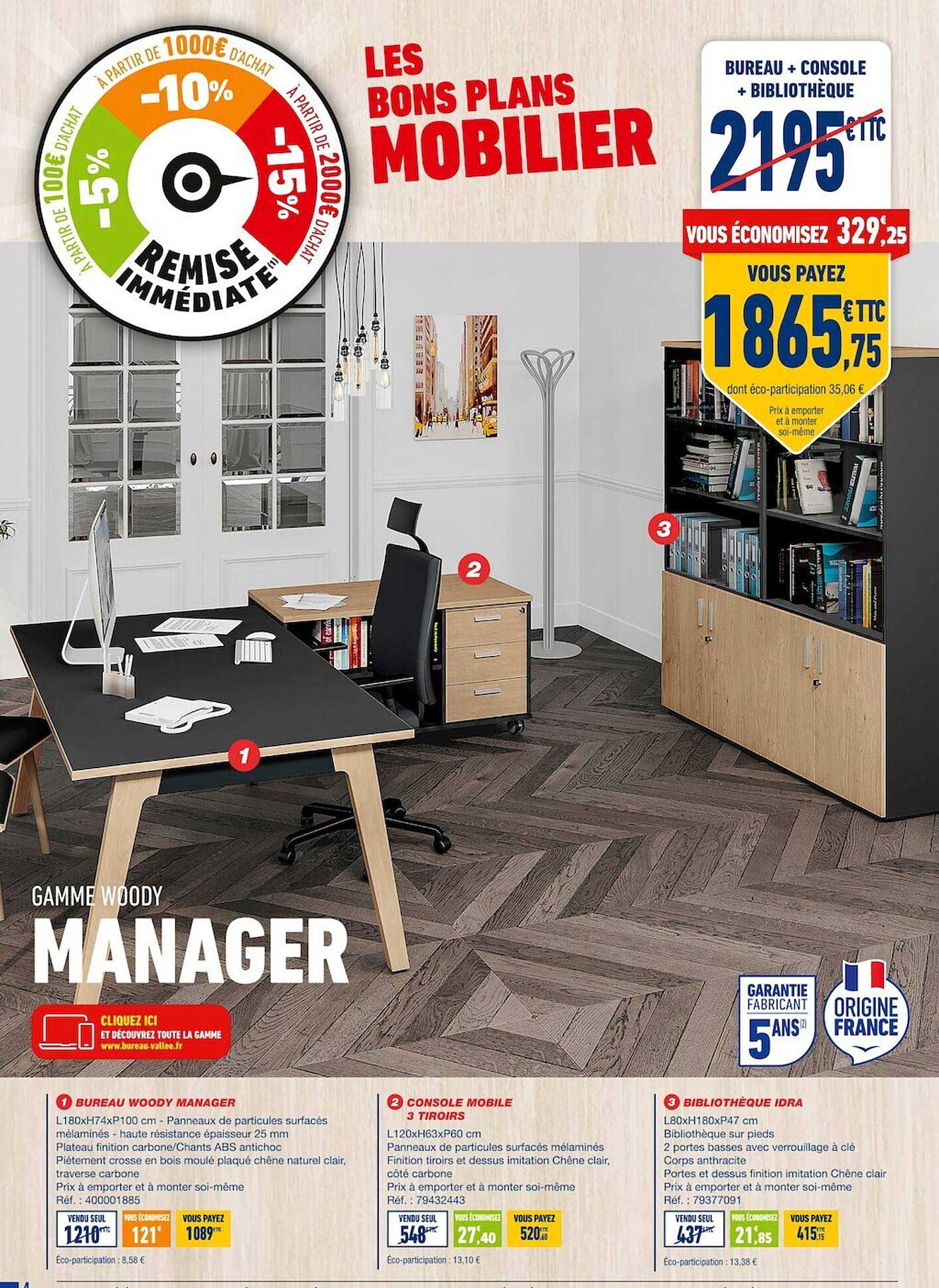 bureau woody manager, console mobile 3 tiroirs, bibliothèque idra