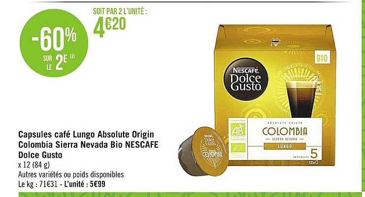 capsules café lungo absolute origin colombia sierra nevada bio nescafé dolce gusto