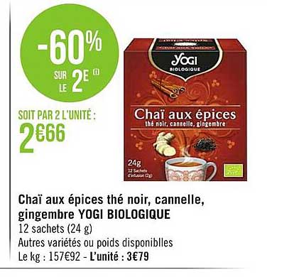 chaï aux épices thé noir, cannelle, gingembre yogi biologique