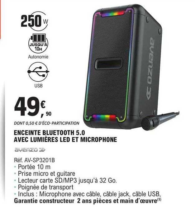enceinte bluetooth 5.0 avec lumières led et microphone avenzo