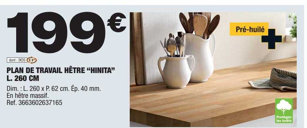plan de travail hêtre "hinita" l. 260 cm