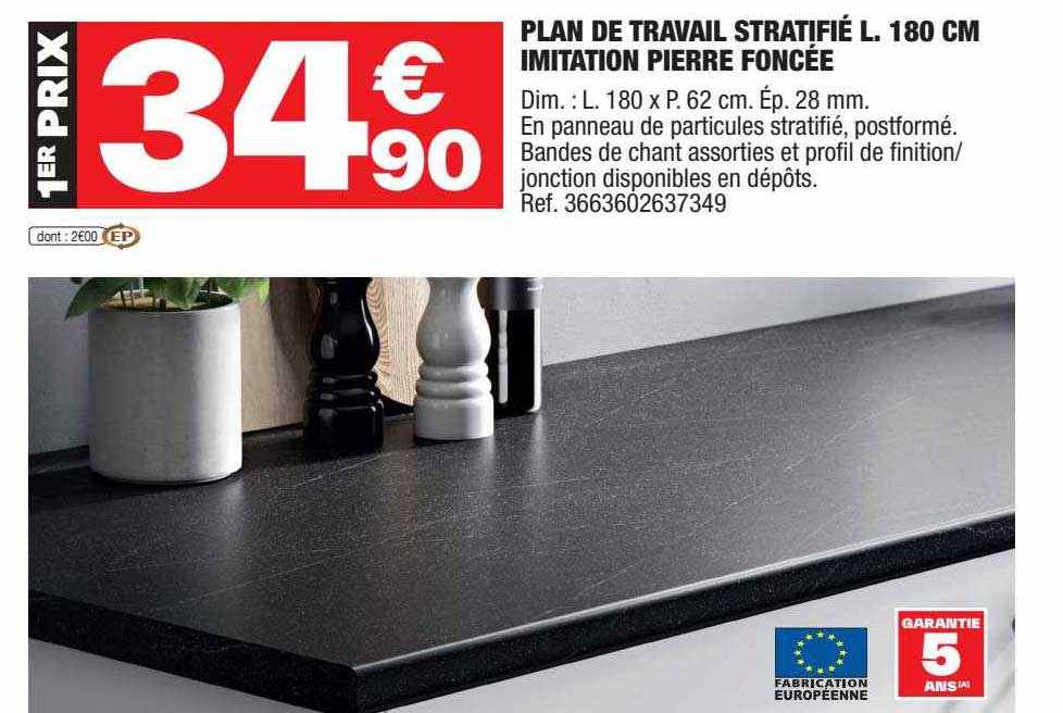 plan de travail stratifié l. 180 cm imitation pierre foncée