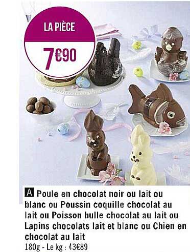 poule en chocolat noir ou lait ou blanc ou poussin coquille chocolat au lait ou poisson bulle chocolat au lait ou lapins chocolats lait et blanc ou chien en chocolat au lait
