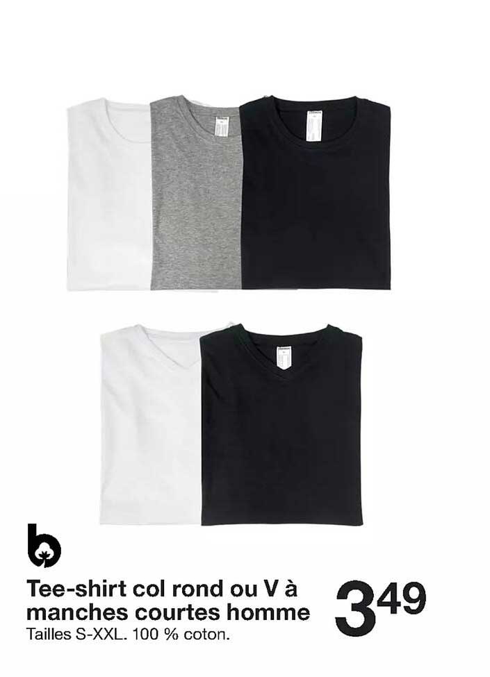 tee-shirt col rond ou v ou manches courtes homme