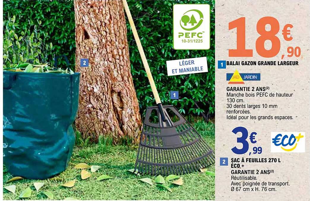 balai gazon grande largeur, sac à feuilles 270 l éco+