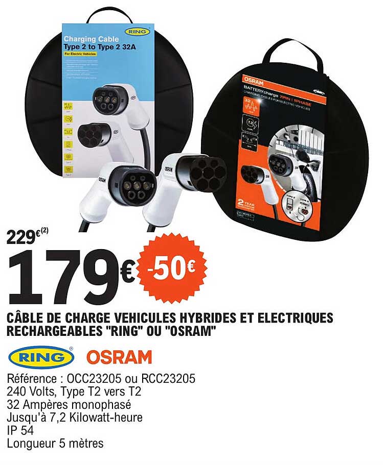 câble de charge véhicules hybrides et électriques rechargeables "ring" ou "osram"
