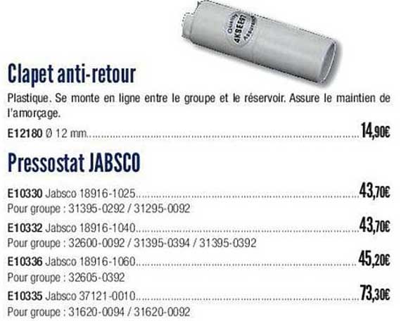 Clapet Anti-retour, Pressostat Jabsco