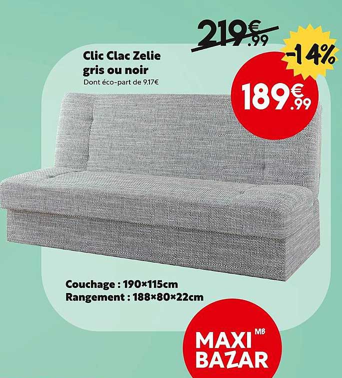 clic clac zelie gris ou noir, couchage : 190 x 115 cm, rangement : 188 x 80 x 22 cm