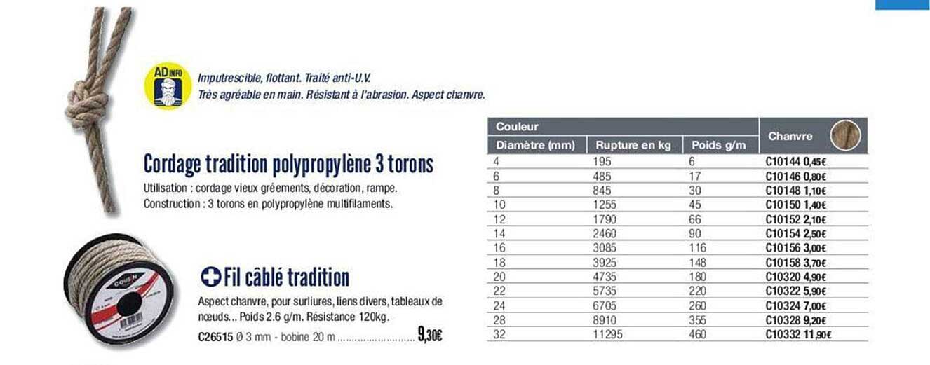 cordage tradition polypropylène 3 torons fil câble tradition