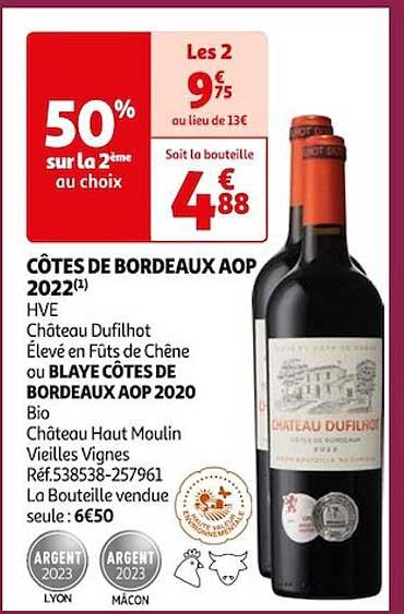 côtes de bordeaux aop 2022 hve château dufilhot élevé en fûts de chêne ou blaye côtes de bordeaux aop 2020 bio château haut moulin vieilles vignes