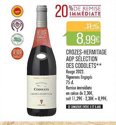 crozes-hermitage aop sélection des codolets** rouge 2022 vignerons engagés