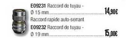 E09231 Raccord De Tuyau ø 15 Mm, E09232 Raccord De Tuyau ø 19 Mm