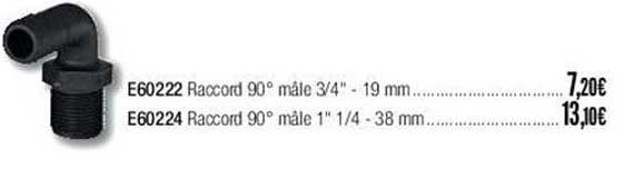 e60222 raccord 90° mâle 3/4 - 19 mm, e60224 raccord 90° mâle 1" 1/4 - 38 mm