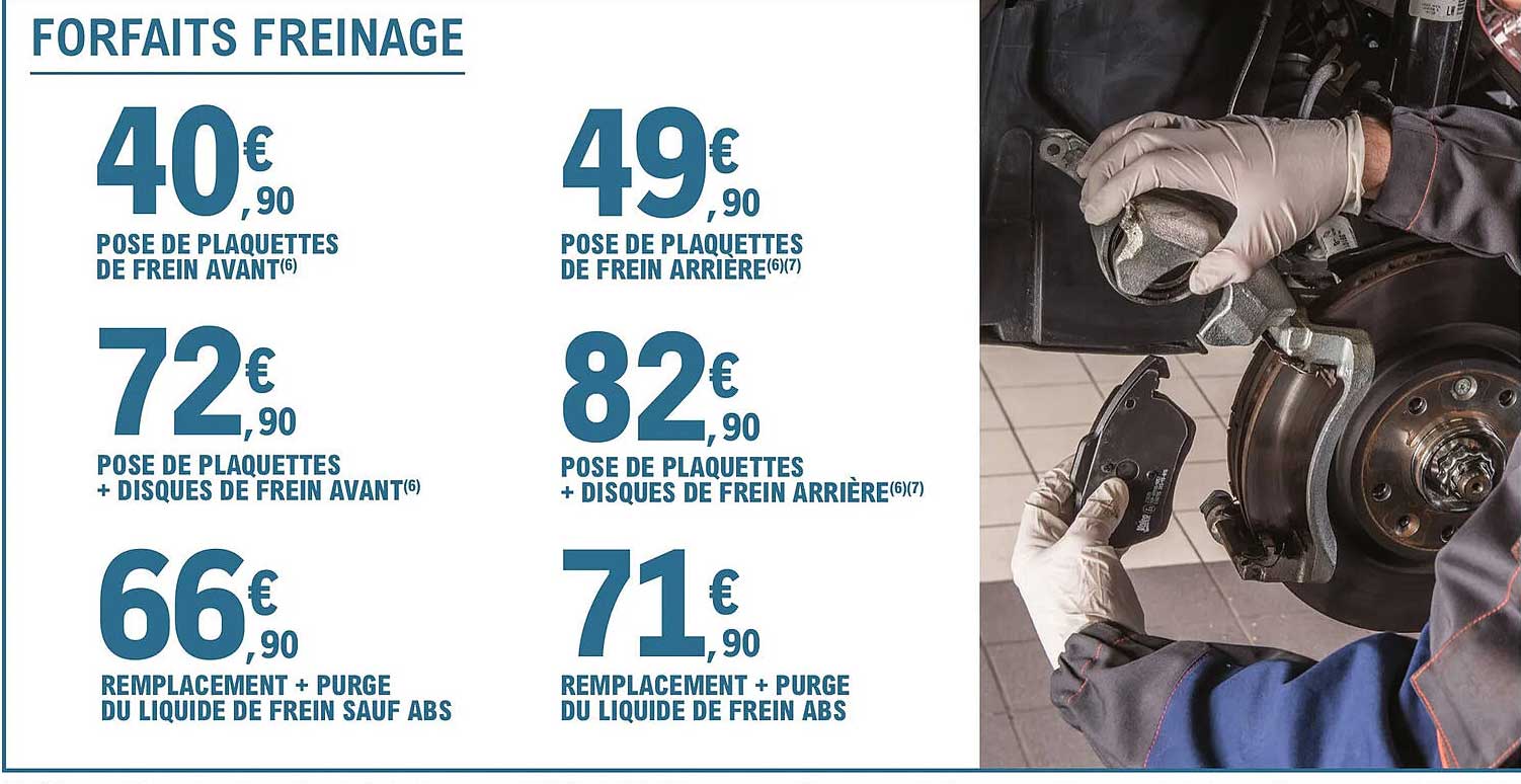 forfaits freinage : pose de plaquettes de frein avant, pose de plaquettes de frein arrière, pose de plaquettes + disques de frein avant, pose de plaquettes + disques de frein arrière, remplacement
