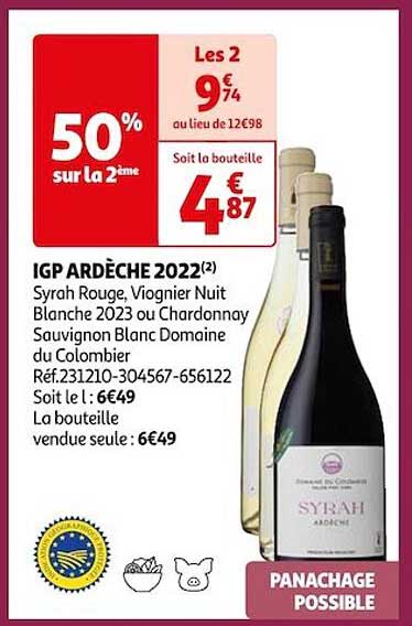 igp ardèche 2022 syrah rouge, viognier nuit blanche 2023 ou chardonnay sauvignon blanc domaine du colombier