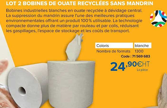 kit de 2 bobines de ouate recyclées sans mandrin