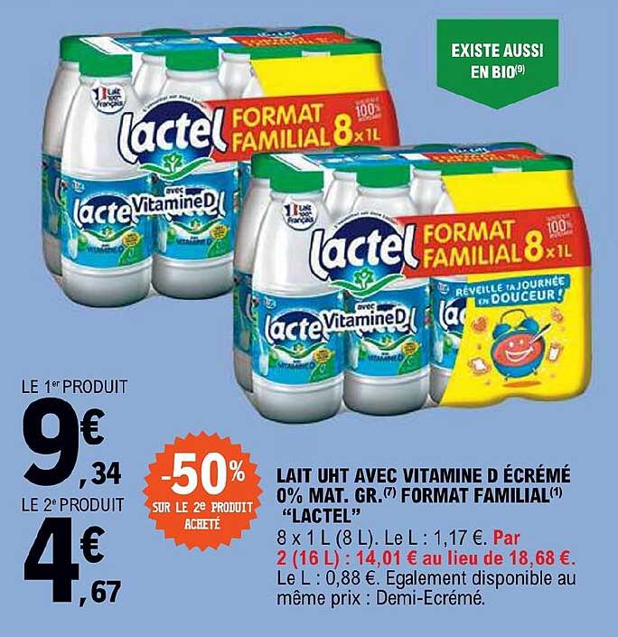 lait uht avec vitamine d écrémé 0% mat. gr. format familial "lactel"