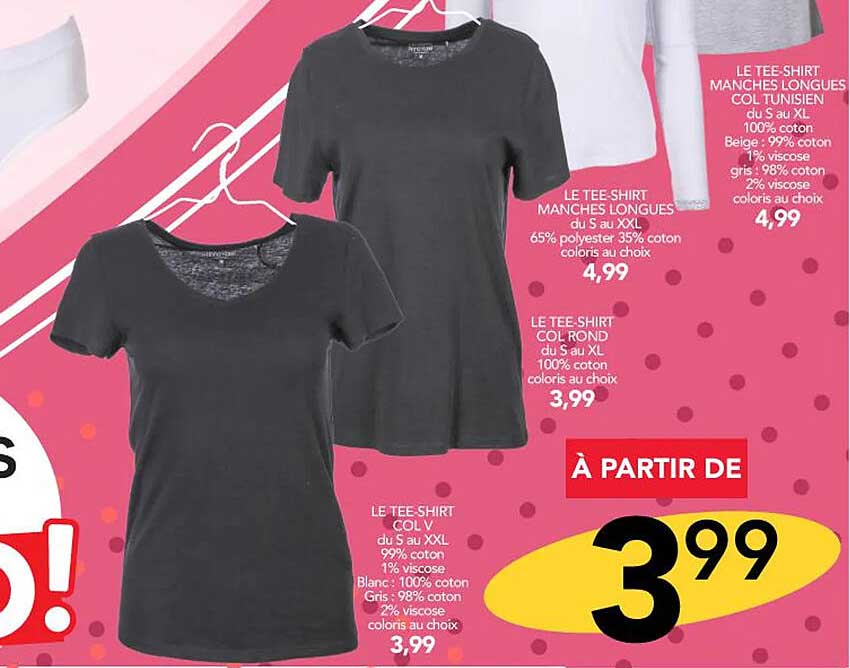 le tee-shirt col v, le tee-shirt col rond, le tee-shirt manches longues, le tee-shirt manches longues col tunisien