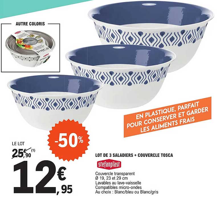 lot de 3 saladiers + couvercle tosca stefanplast